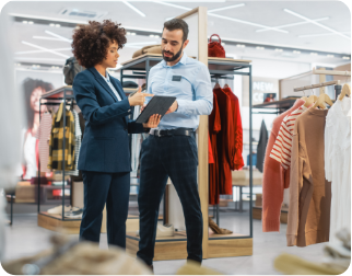 man and women discussing retail