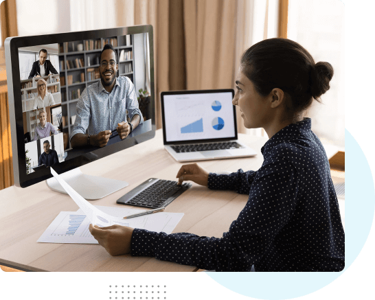 A girl is conferencing with people regarding Hassle-Free Hosting