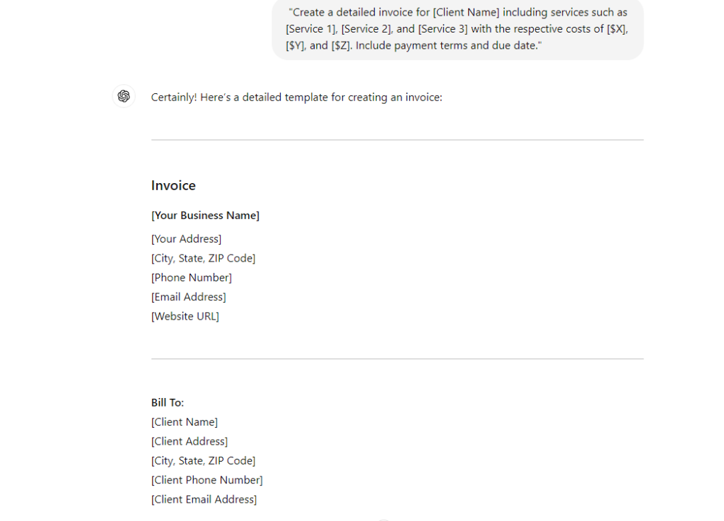 : ChatGPT generating a detailed invoice template