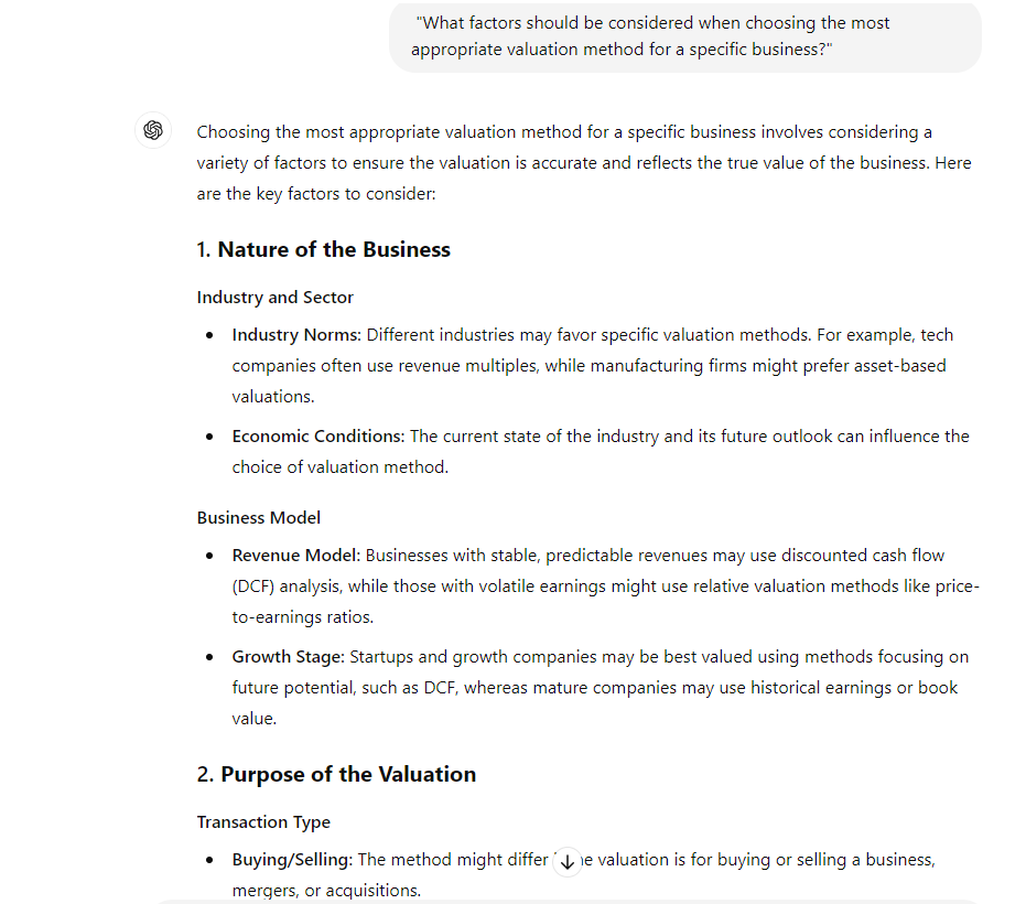 ChatGPT prompt for accountants on business valuation methods