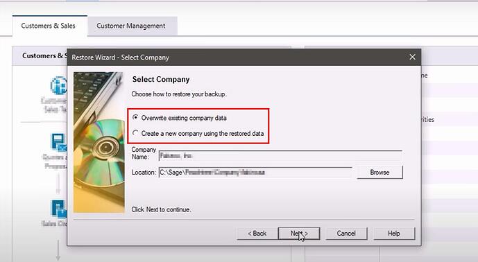 restore sage file from company