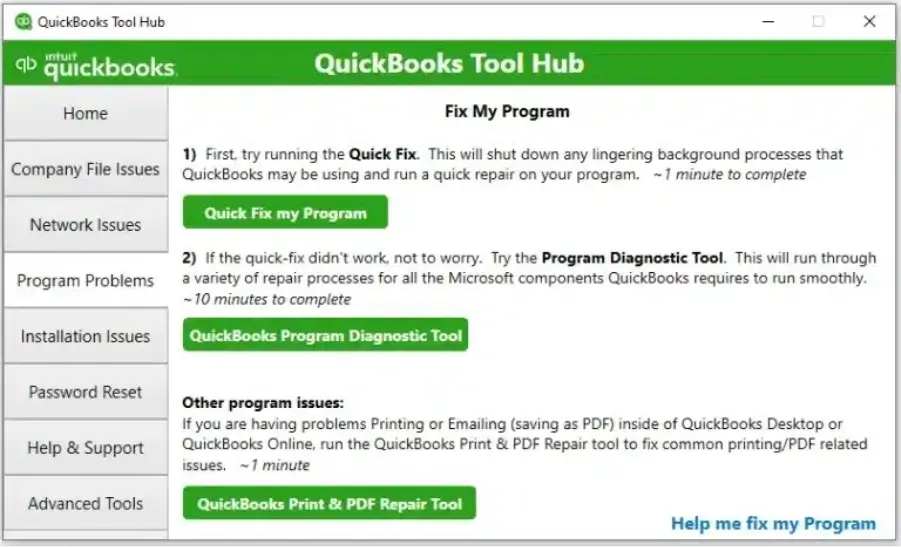 run quick fix my program from quickbooks tool hub