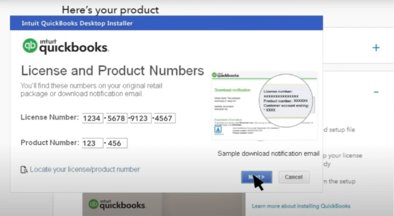 after entering quickbooks license number click on next