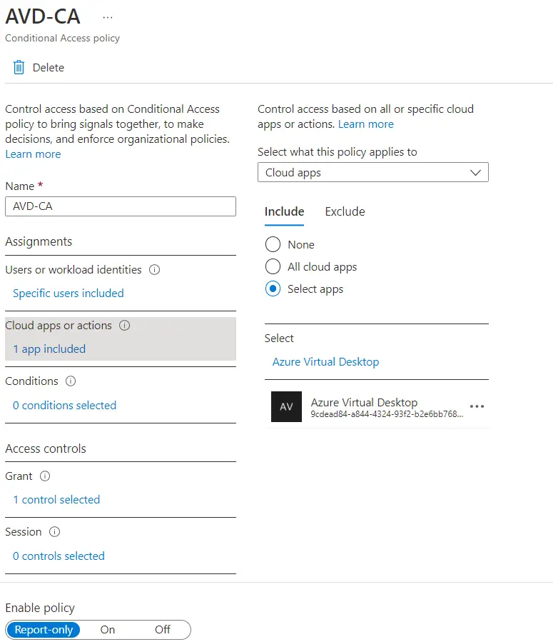 Azure portal search bar showing results for “Azure Virtual Desktop” during setup selection.