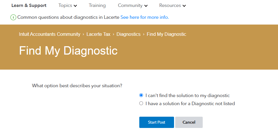 Lacerte instructions showing how to select the appropriate option on the next screen and click the Start button to post the answer.