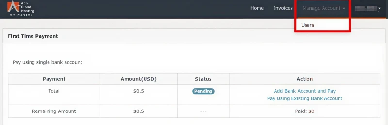 ace cloud hosting myportal manage account users menu