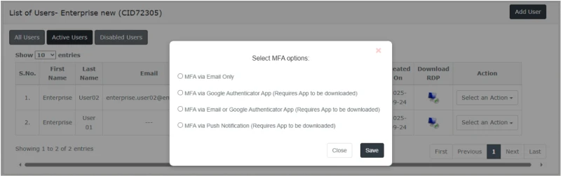 ace cloud hosting myportal mfa options popup