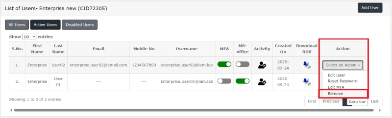 ace cloud hosting myportal select user action menu