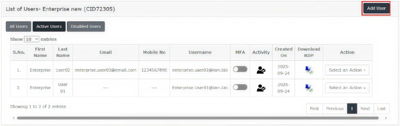 ace cloud hosting myportal user list screen