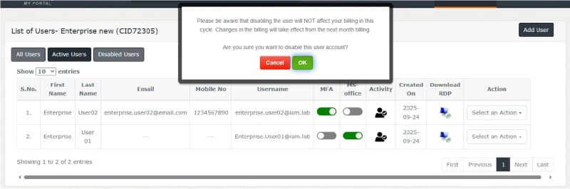 ace cloud hosting remove user access in myportal