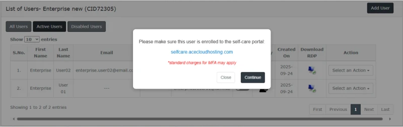 ace cloud hosting selfcare portal enrollment for mfa