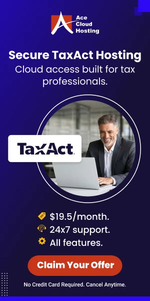 TaxAct cloud hosting by Ace Cloud Hosting with secure access, $19.5 per month pricing, and 24x7 support