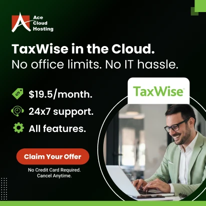 TaxWise cloud accounting service by Ace Cloud Hosting with $19.5 per month pricing, 24x7 support, and all features included